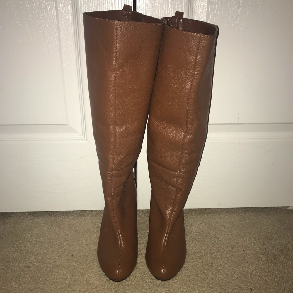 Knee high, brown leather, wedge, wide calf boots